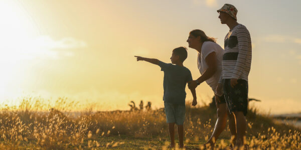 a family looking over a field with their sun pointing into the distance