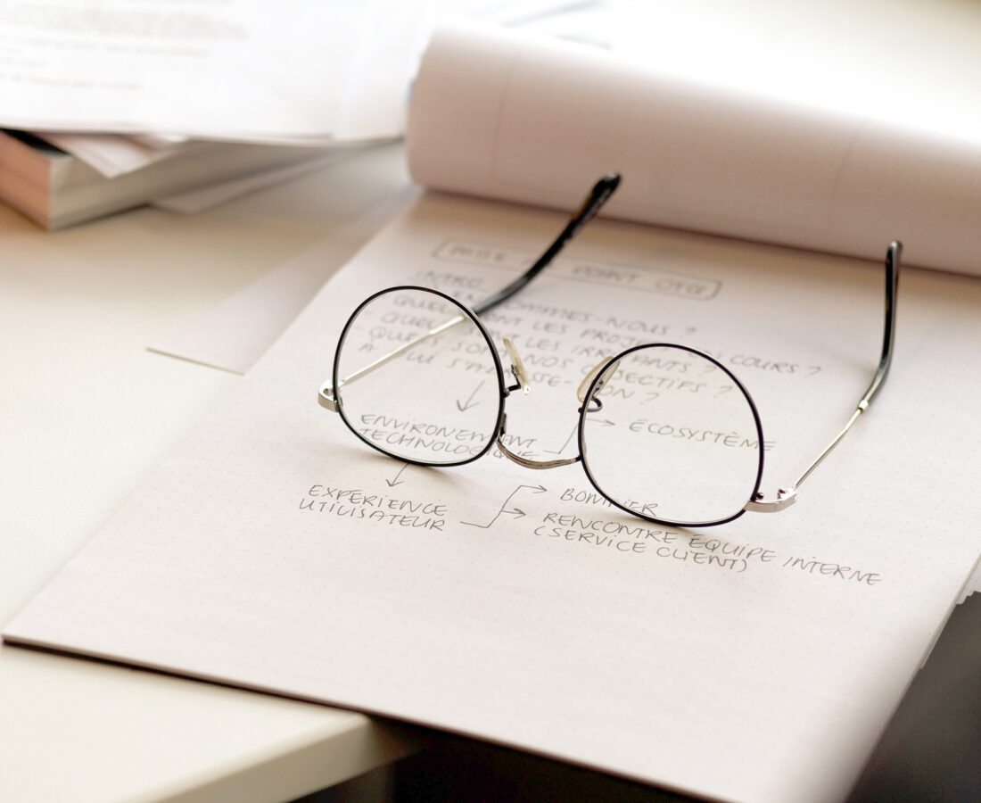 glasses sitting on business plans