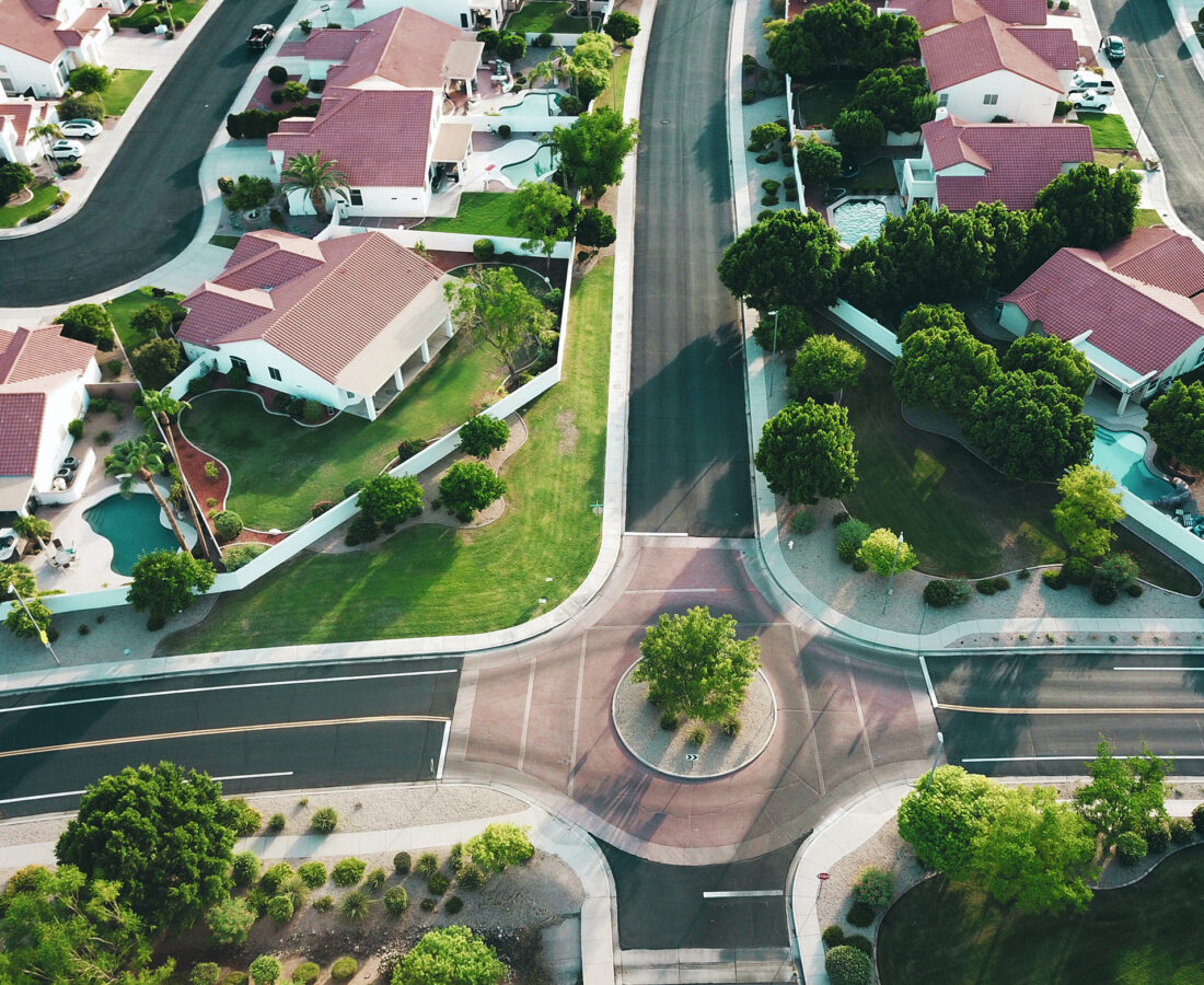 a roundabout in a suburban neighborhood