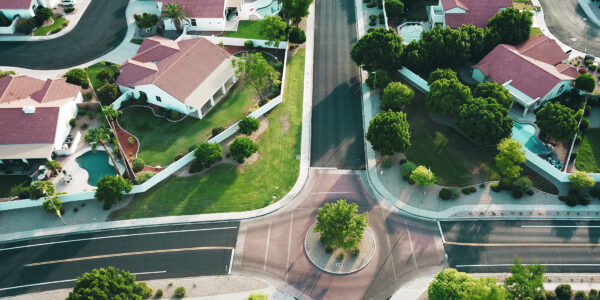 a roundabout in a suburban neighborhood