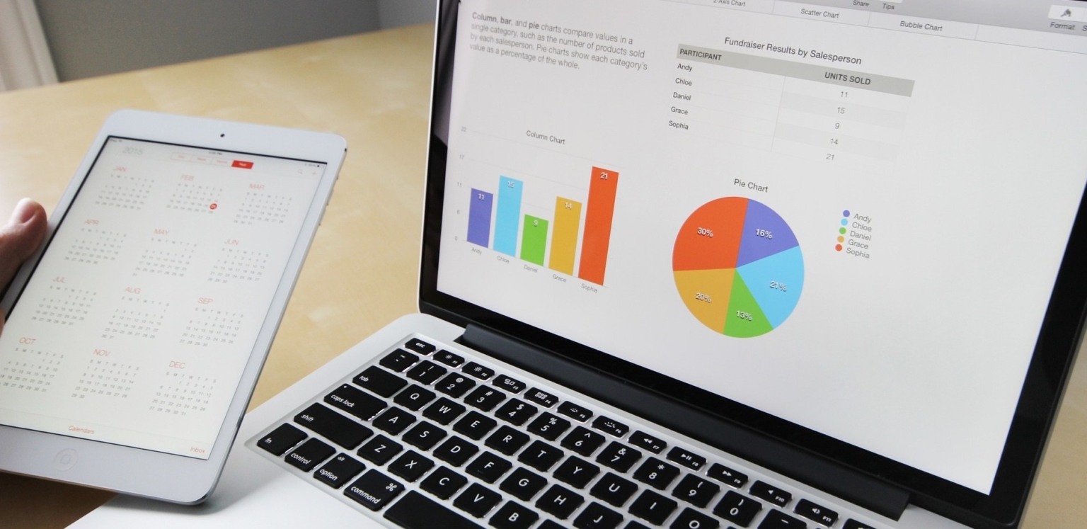 a laptop displaying graphs and a tablet showing dates