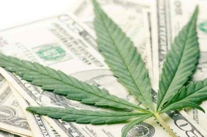 a cannabis leaf sitting on us dollars