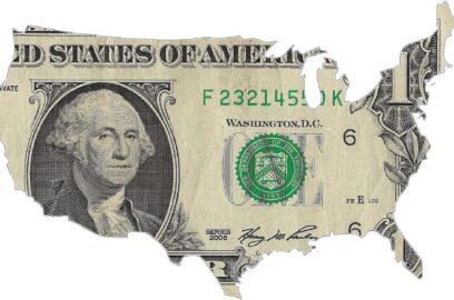 an outline of the USA with the background of a us dollar