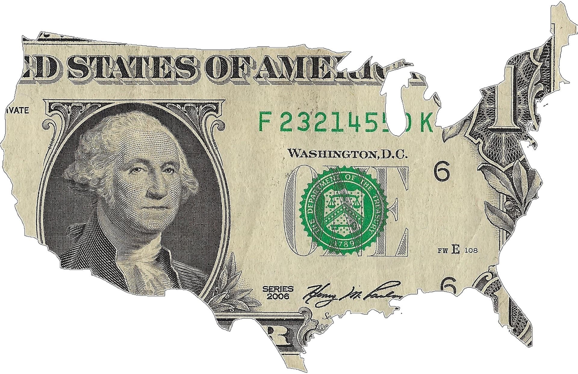 an outline of the USA with the background of a us dollar