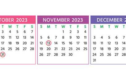 a calendar showing October, November, and December