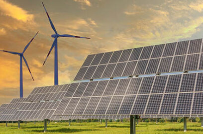 Solar panels wind turbines installed as renewable energy sources for electricity and power supply. Innovation and technology, environmental friendly energy.