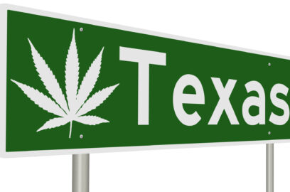 A rendering of a green road sign with marijuana leaf for Texas