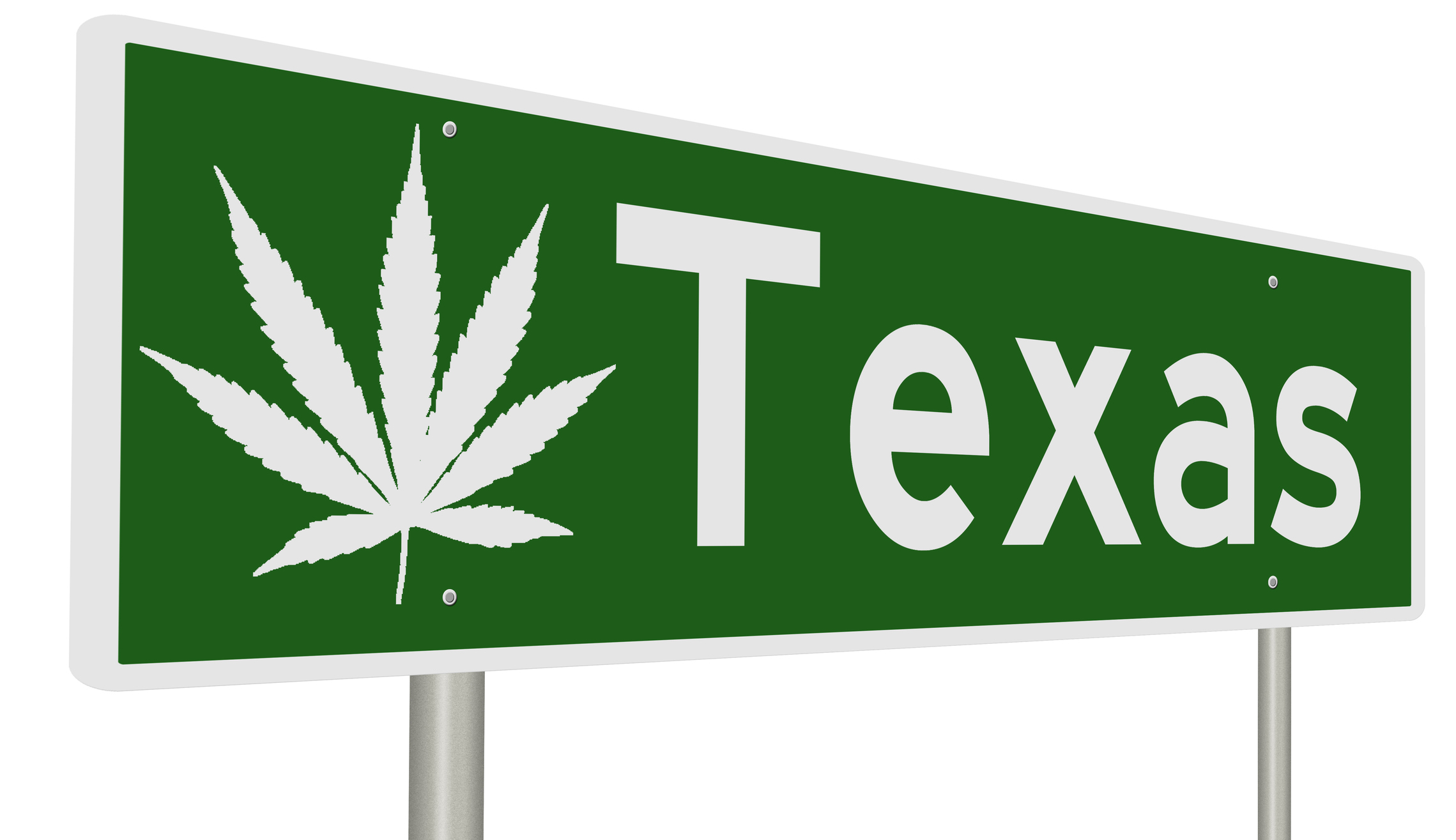 A rendering of a green road sign with marijuana leaf for Texas