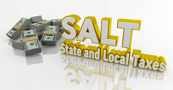 Graphic with the words SALT and State and Local Taxes bolded next to a pile of cash.