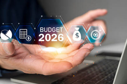A graphic showing the words Budget 2026 between financial symbols