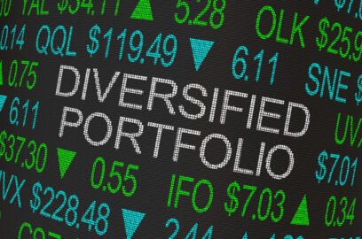 A graphic showing the words Diversified Portfolio on a stock market price board