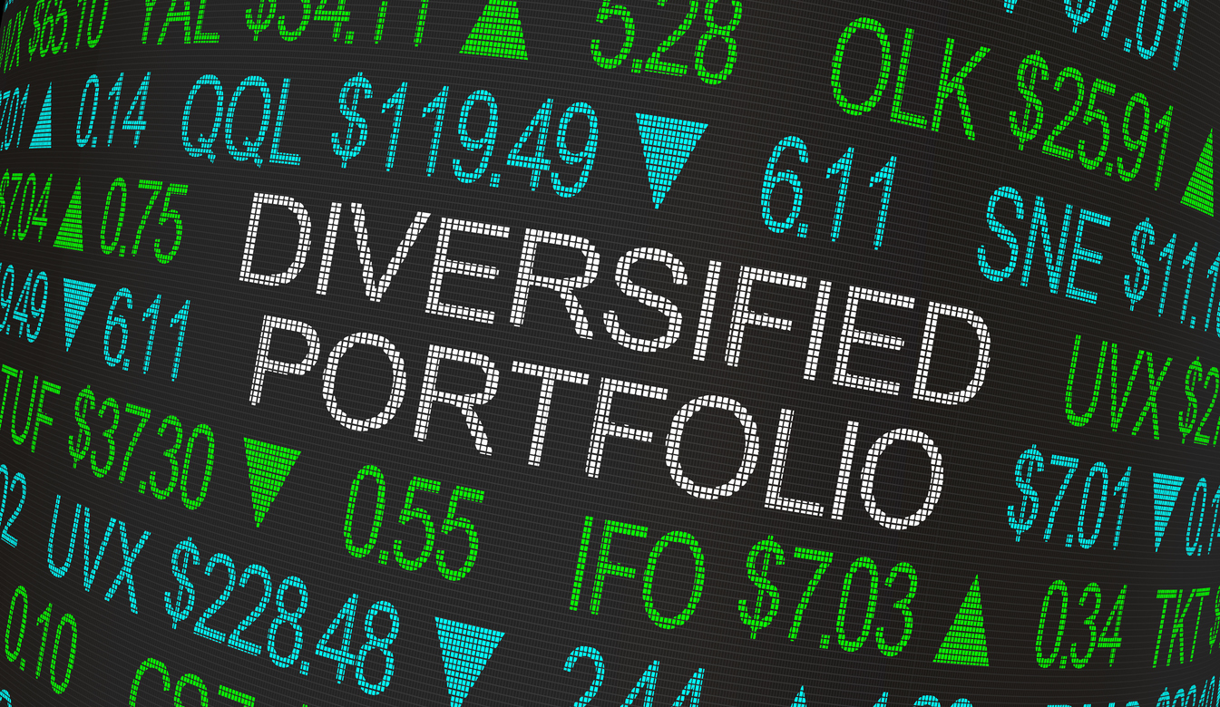 A graphic showing the words Diversified Portfolio on a stock market price board