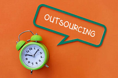 Alarm Clock, Thought Bubble with the word Outsourcing