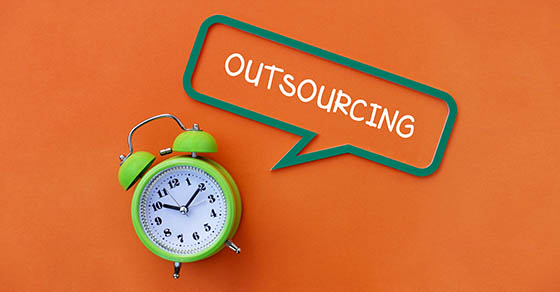 Alarm Clock, Thought Bubble with the word Outsourcing