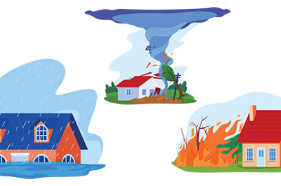 Illustrations of 3 houses, tornado, fire, flood