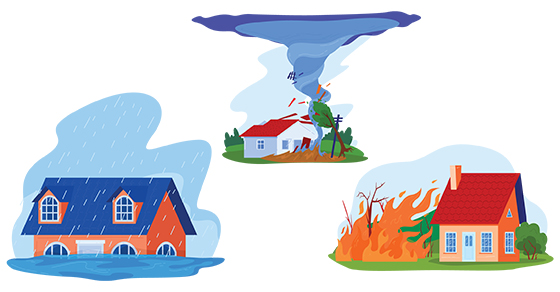 Illustrations of 3 houses, tornado, fire, flood