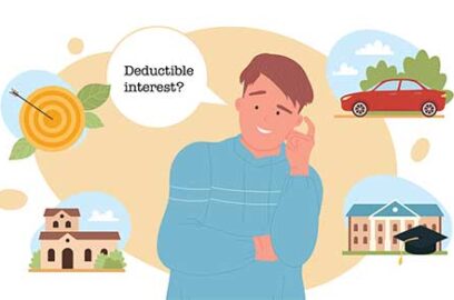 Animation, man, thinking, thought bubble, text deductable interest, house, car