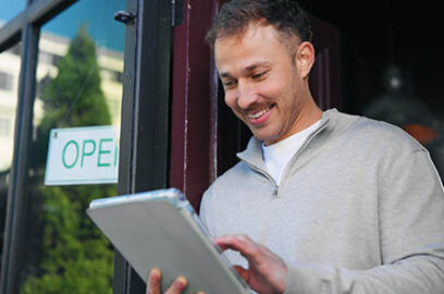 Tablet,,Smile,And,Front,Door,With,Man,At,Cafe,For