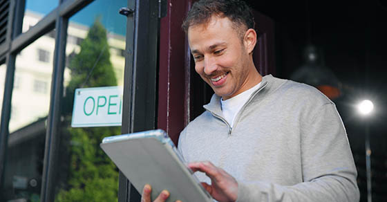 Tablet,,Smile,And,Front,Door,With,Man,At,Cafe,For