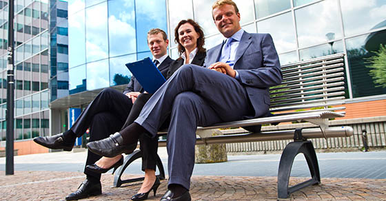Business, Team, Sitting on a bench, outside, city, building