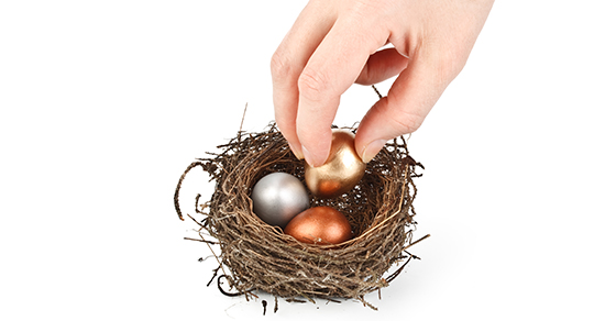 Nest egg, hand, placing, golden, egg, in, nest.