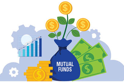 illustration, dollar bills, bag that states, "mutual funds" coins,