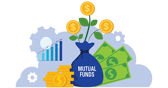 illustration, dollar bills, bag that states, "mutual funds" coins,