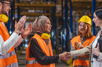 Diverse,Warehouse,Workers,In,High-visibility,Vests,And,Hard,Hats,Shake