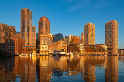Boston, city scape, skyline, is illuminated, golden morning light,