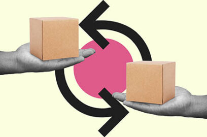 Flat,Collage,Concept,Of,Hands,Exchanging,Cardboard,Boxes,With,Arrows, symbolizing trade, shipping, and logistics.