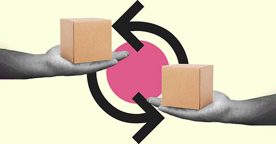Flat,Collage,Concept,Of,Hands,Exchanging,Cardboard,Boxes,With,Arrows, symbolizing trade, shipping, and logistics.