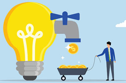Illustration, Lightbulb, idea, faucet from lightbulb, coin, man, collecting coin, take cash out,