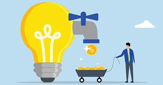Illustration, Lightbulb, idea, faucet from lightbulb, coin, man, collecting coin, take cash out,