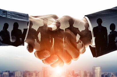 Handshake, two businessmen, overlay photo of team, standing together, team, unity,