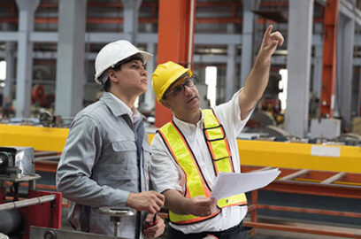 Supervisor,And,Male,Engineer,Working,Together,In,Factory.,Conveyor,Belt, production line, during manufacturing