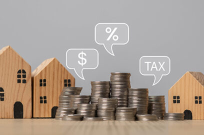 Wooden, models, houses, coins, thought, bubbles, dollar sign, percentage symbol, Tax