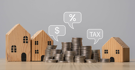 Wooden, models, houses, coins, thought, bubbles, dollar sign, percentage symbol, Tax