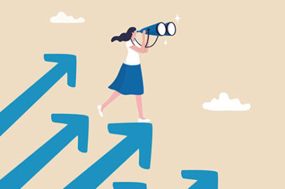 Illustrated concept, blue arrows, pinting, upward, in the sky, clouds, women, binoculars, watching out
