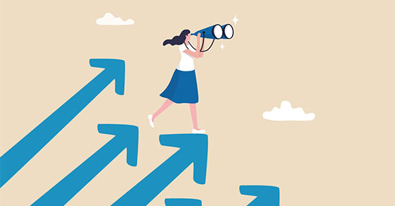 Illustrated concept, blue arrows, pinting, upward, in the sky, clouds, women, binoculars, watching out