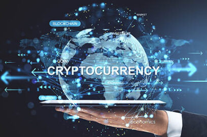 Businessman hand holding tablet with digital globe showing cryptocurrency, blockchain, and finance network on dark background, concept of crypto