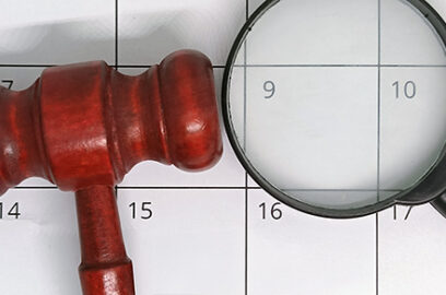 Calendar, gavel, magnifying glass, urgency, act, fast
