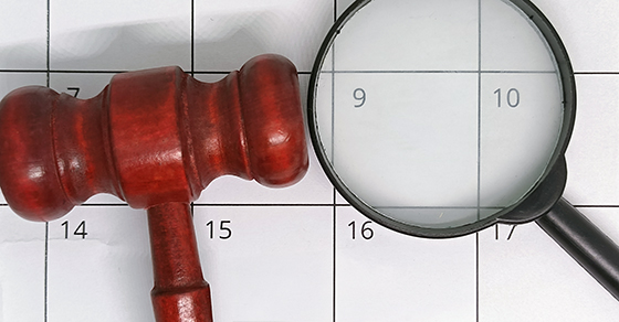 Calendar, gavel, magnifying glass, urgency, act, fast