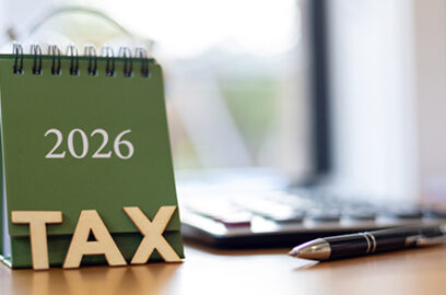Calendar, 2026, Wooden, Letters, TAX, on desk with, calculator
