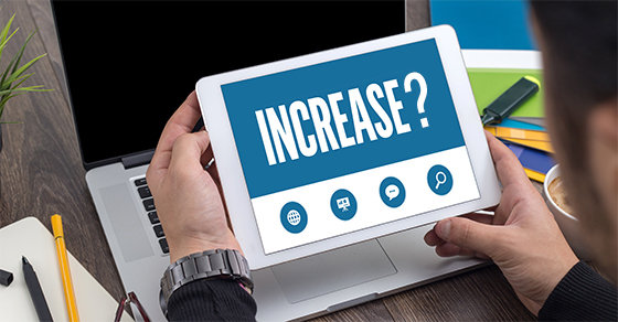 Man holding digital tablet, screen, reads, Increase?,
