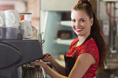 Coffee shop, teen, employee, barista, making coffe, order